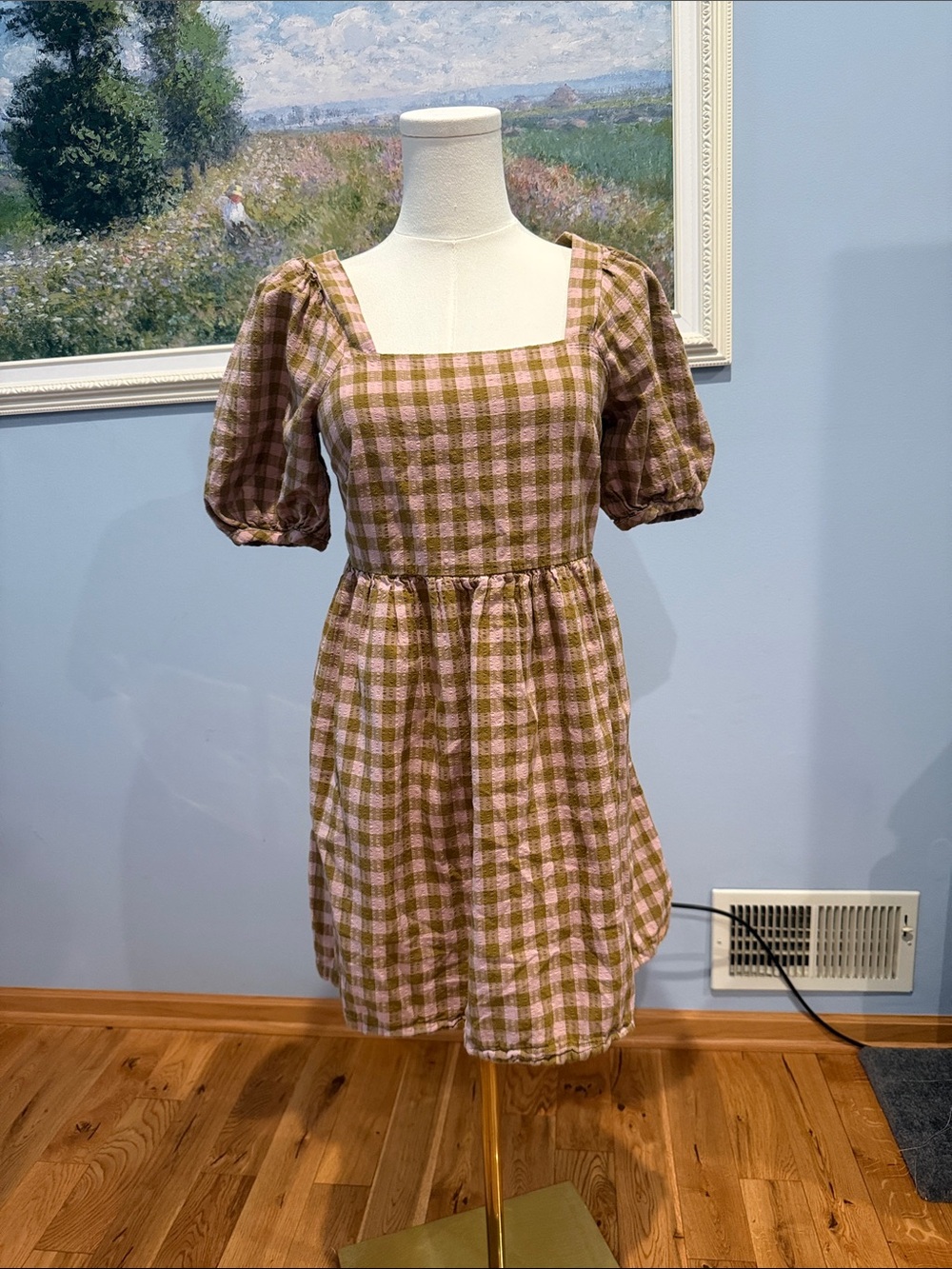Madewell Pink and Brown Gingham Square-Neck Mini Dress